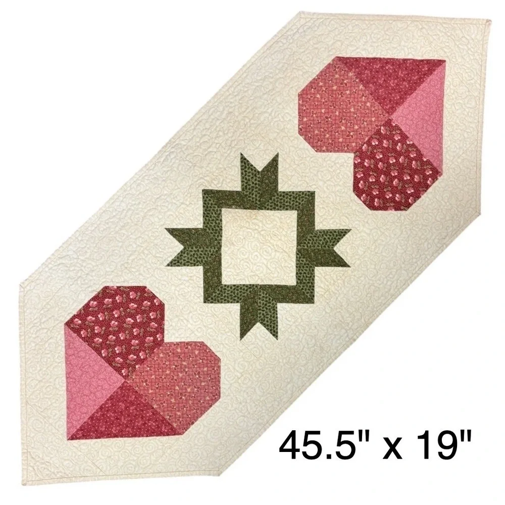 Handmade Quilted Table Runner Hearts Sawtooth Star Country Farmhouse Valentine